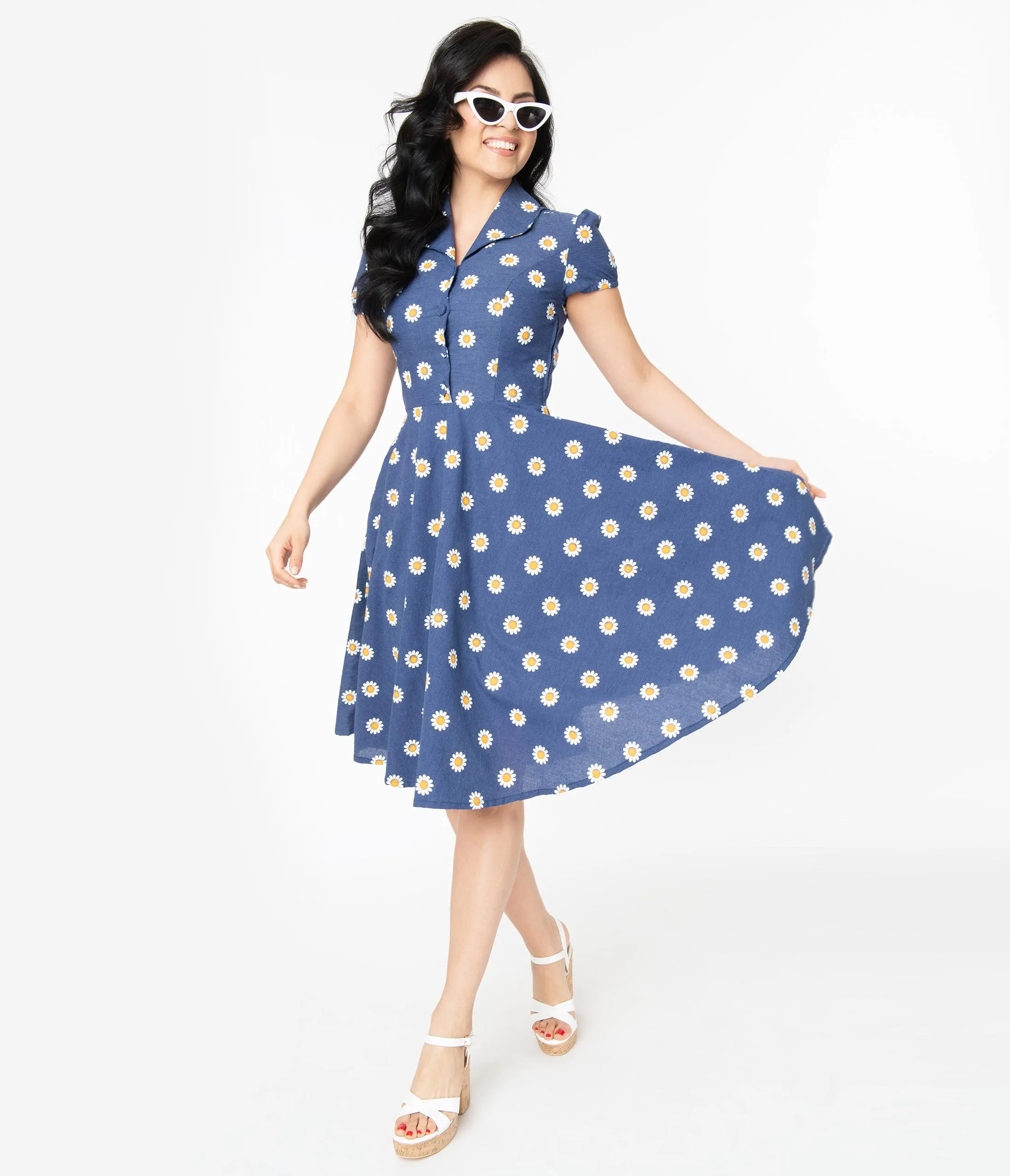 1950s Style Navy Blue Daisy Print Short Sleeve Mona Swing Dress