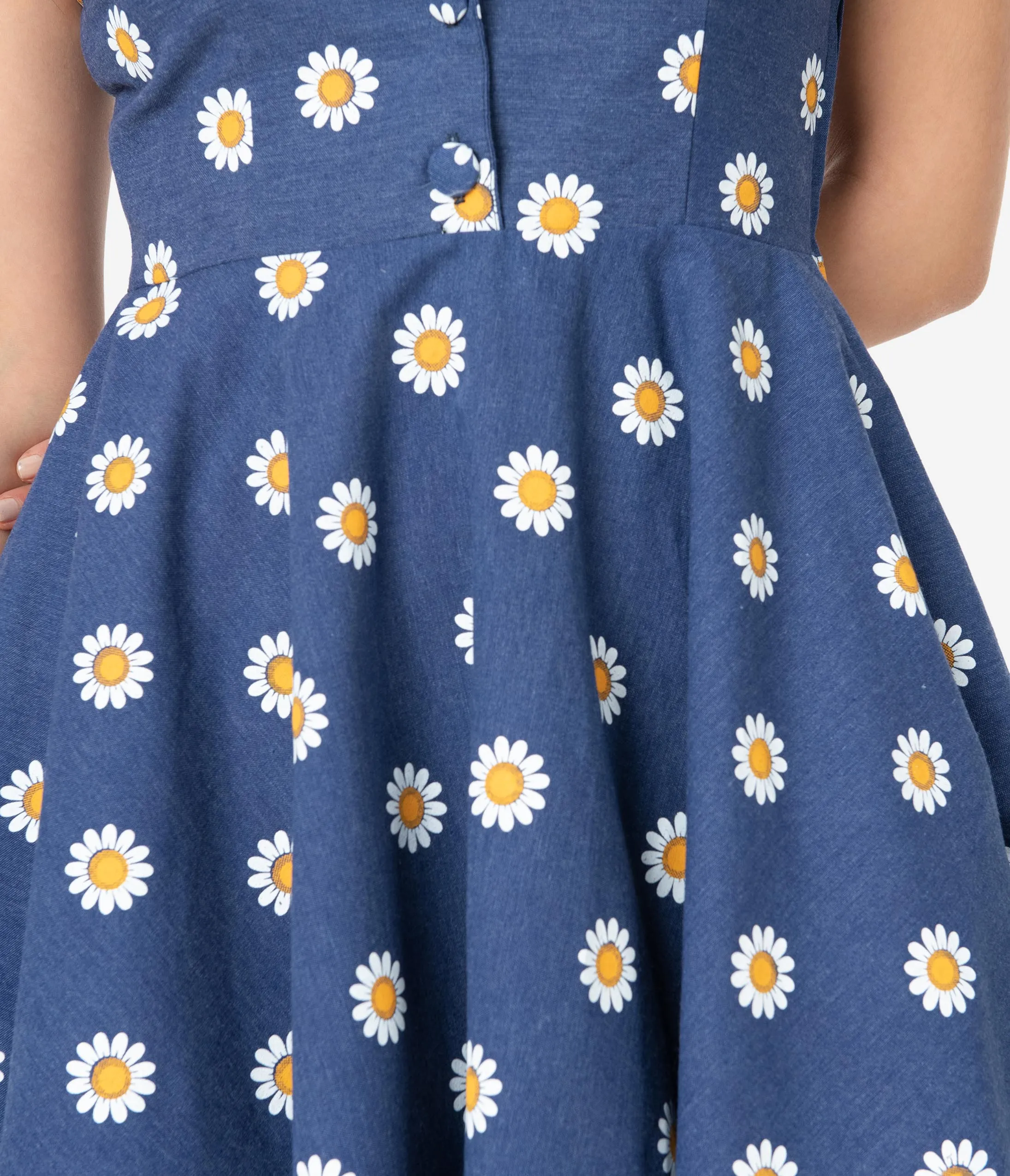 1950s Style Navy Blue Daisy Print Short Sleeve Mona Swing Dress