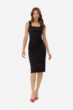 Adelyn Rae Karissa Shoulder Tie Crepe Midi Dress in Black