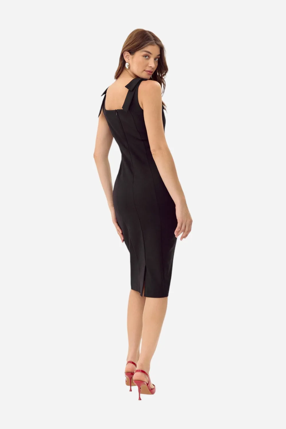 Adelyn Rae Karissa Shoulder Tie Crepe Midi Dress in Black