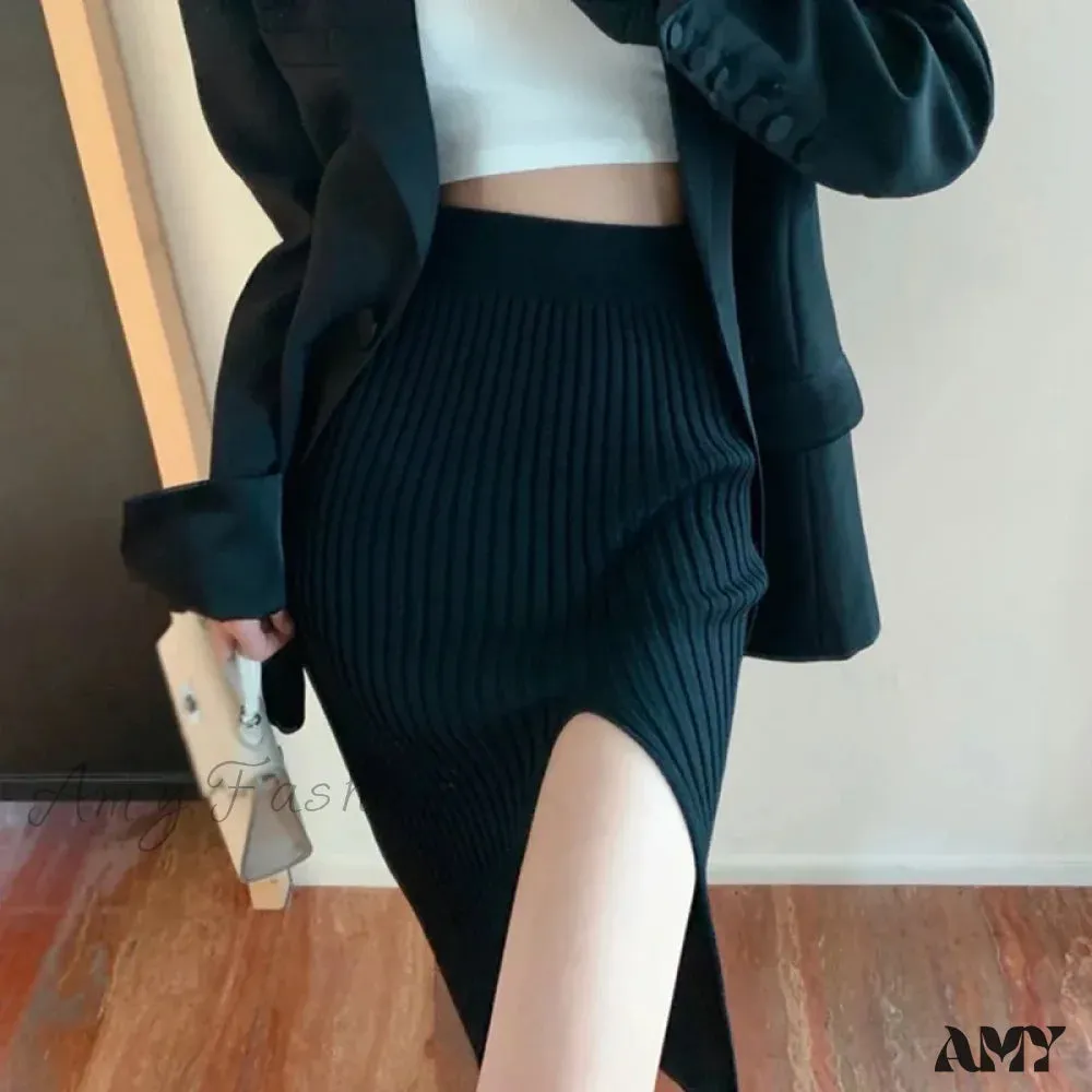 Autumn Winter Split Stretch Slim-Fit Slimming Knitted Sexy High Waist Elegant Solid Color Skirt