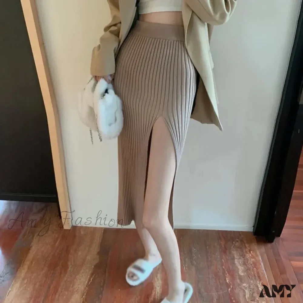 Autumn Winter Split Stretch Slim-Fit Slimming Knitted Sexy High Waist Elegant Solid Color Skirt