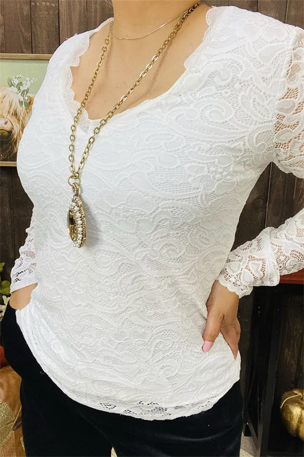 BQ15441 White lace w/lining deep v-neck long sleeve women tops