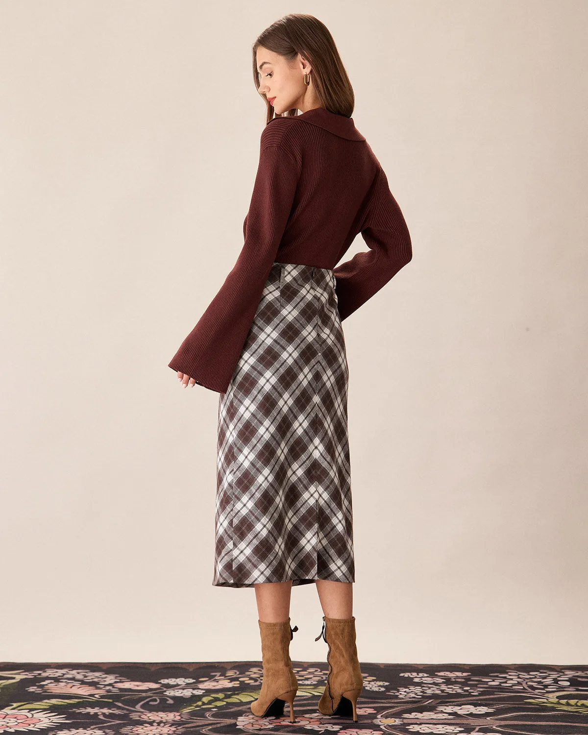 Brown Plaid Slit Satin Midi Skirt