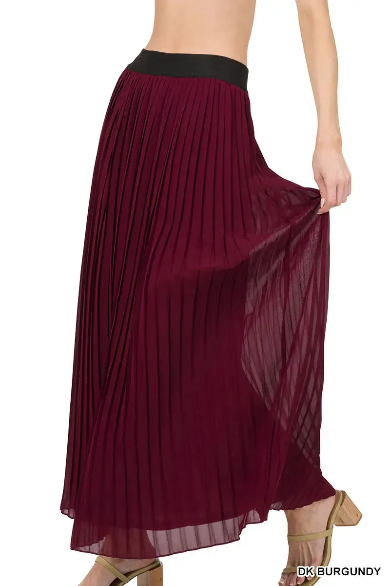 Burgundy Chiffon Pleated Maxi Skirt