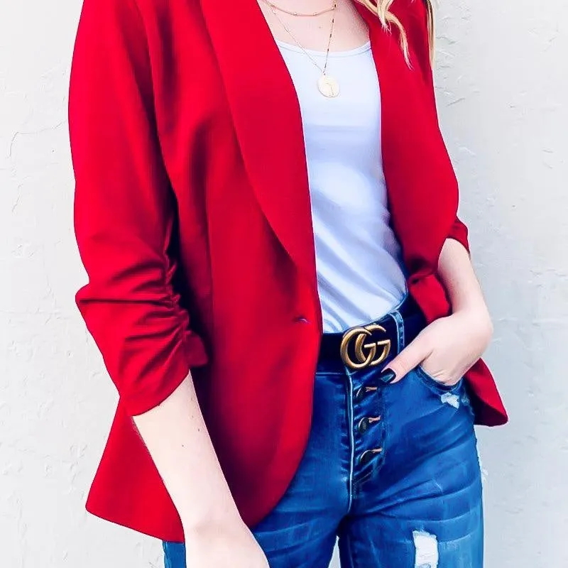 Burgundy Open Front With Button Blazer