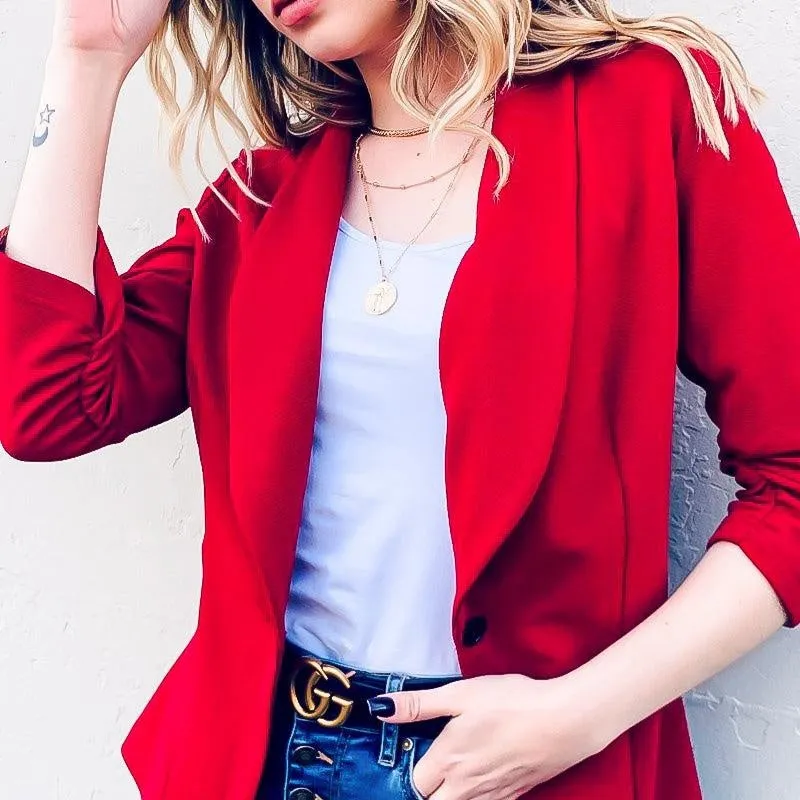 Burgundy Open Front With Button Blazer