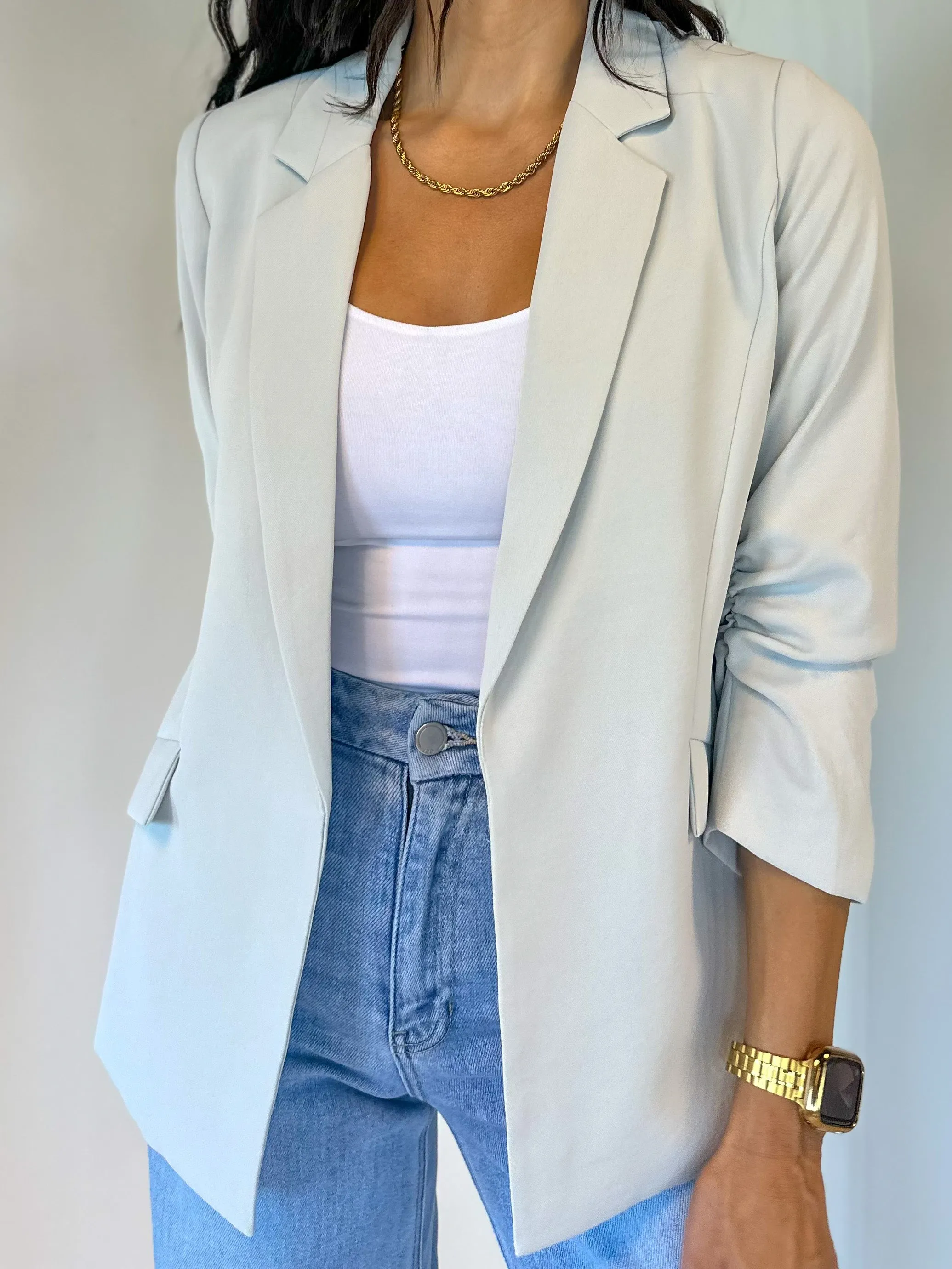 Chic Shirred Sleeve Blazer - Dove Grey