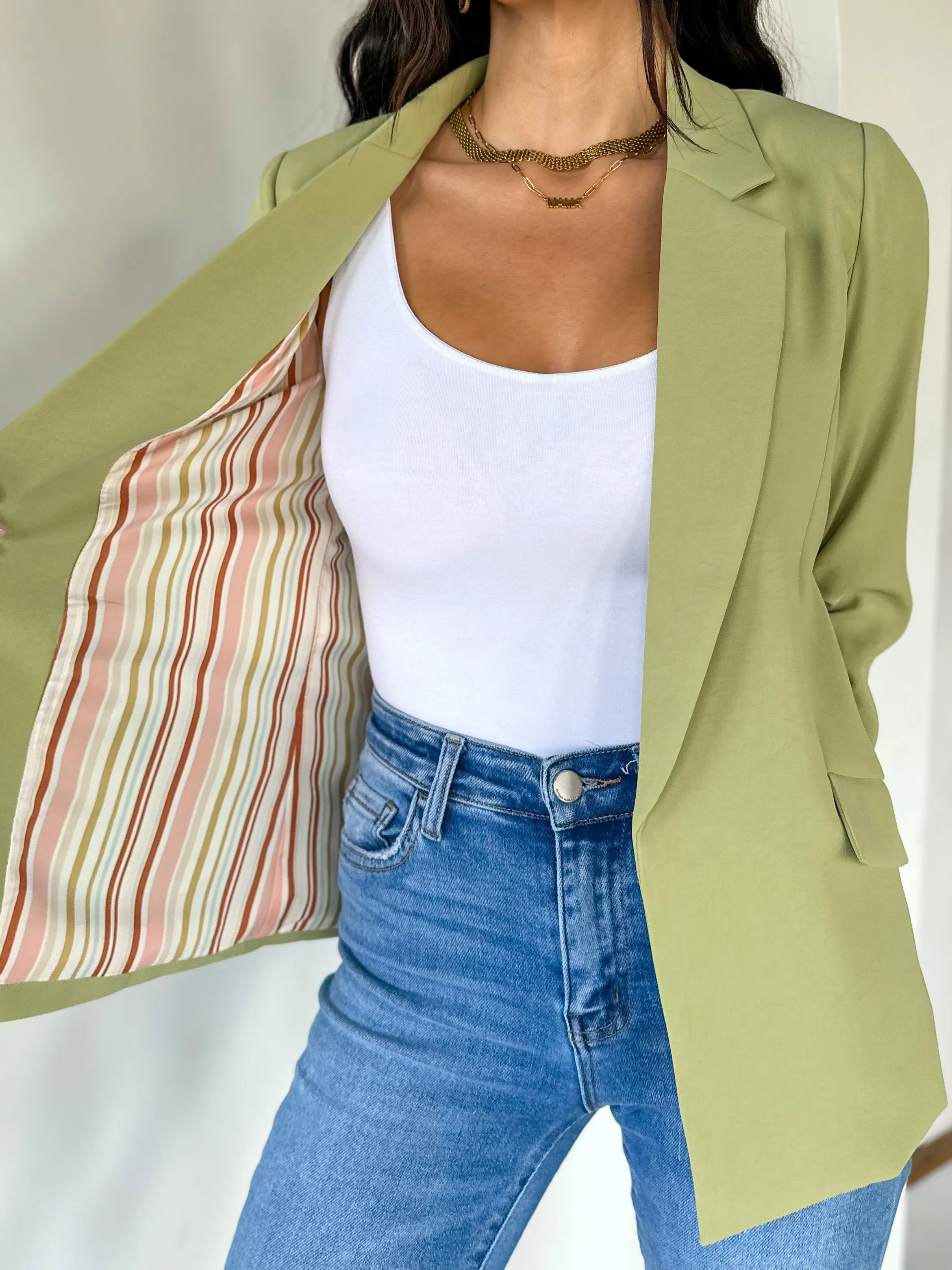 Chic Shirred Sleeve Blazer - Moss Green