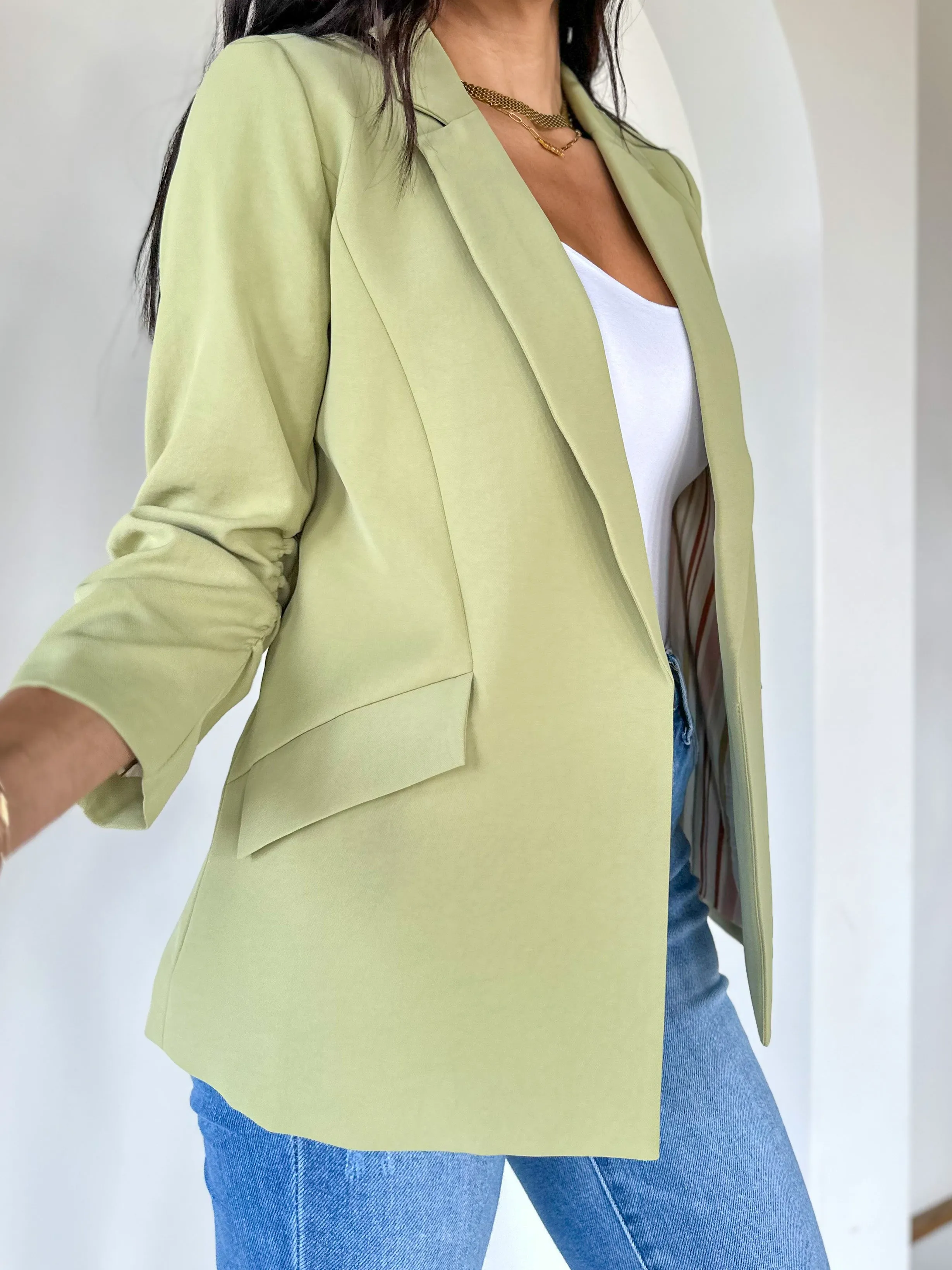 Chic Shirred Sleeve Blazer - Moss Green