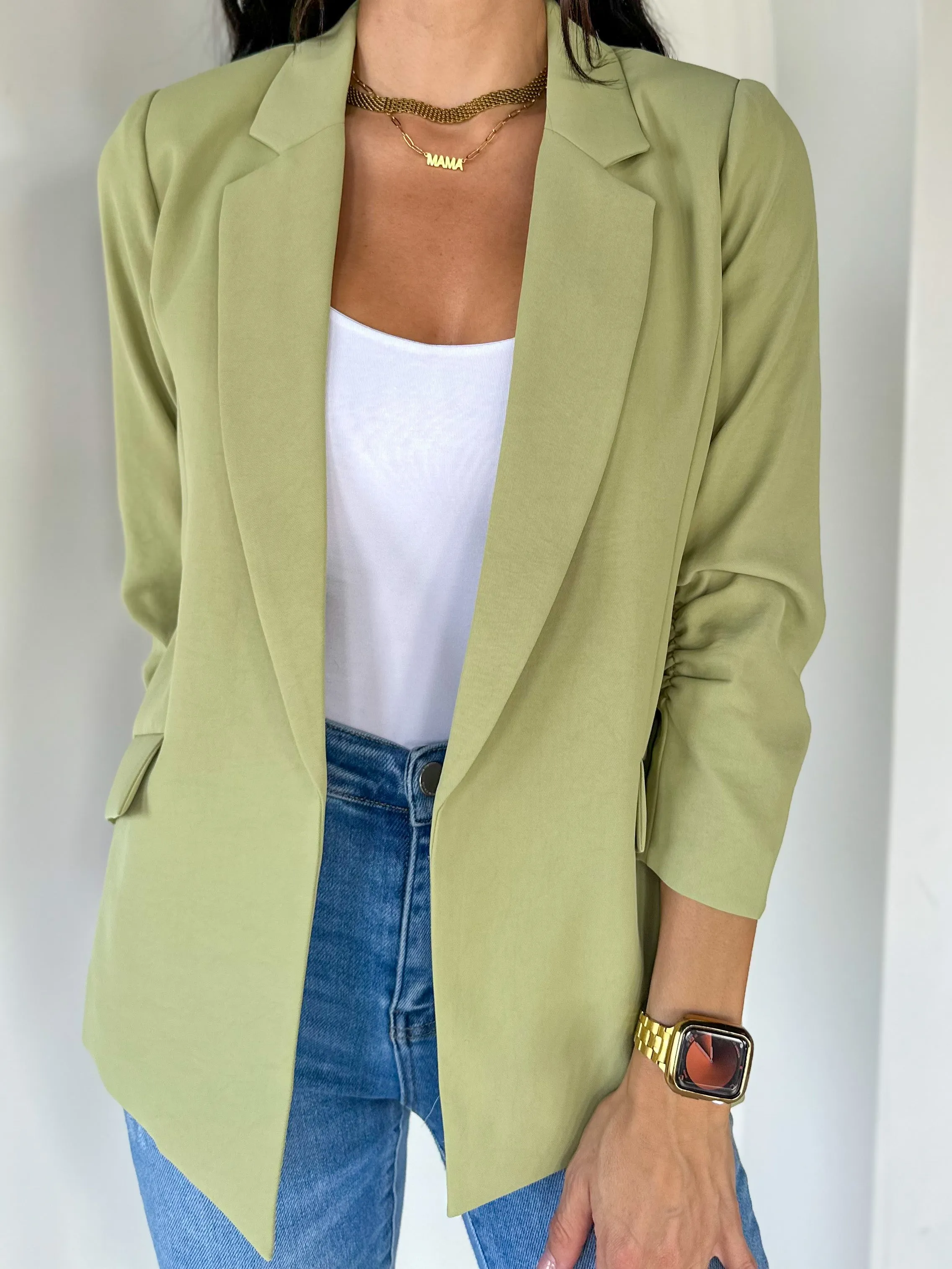 Chic Shirred Sleeve Blazer - Moss Green