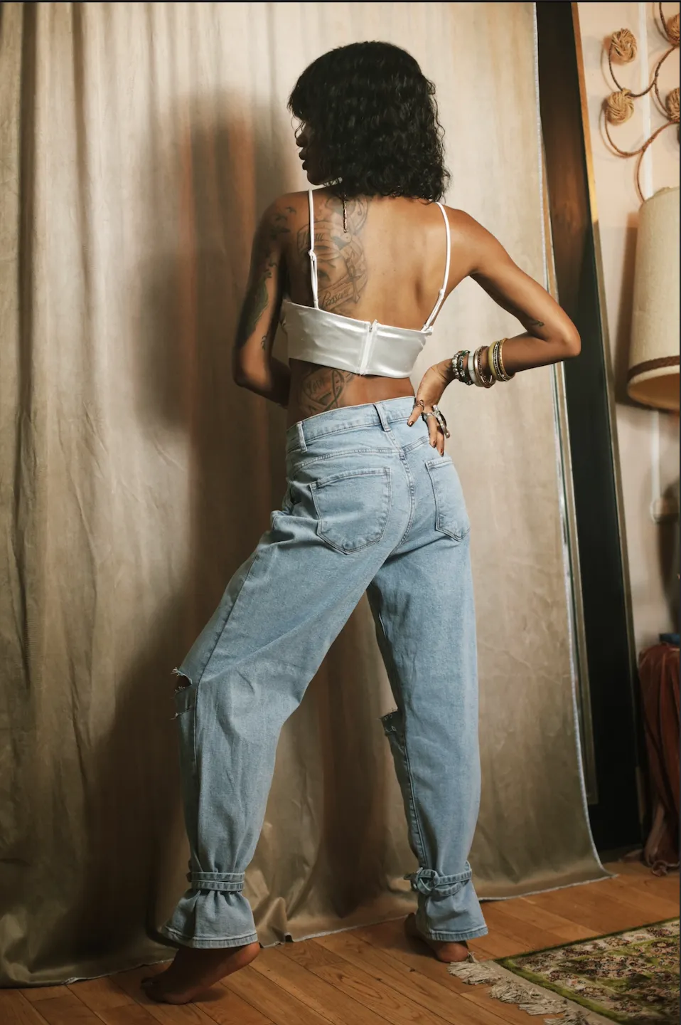 DISTRESSED, SLOUCHY MOM JEANS with ANKLE TIES