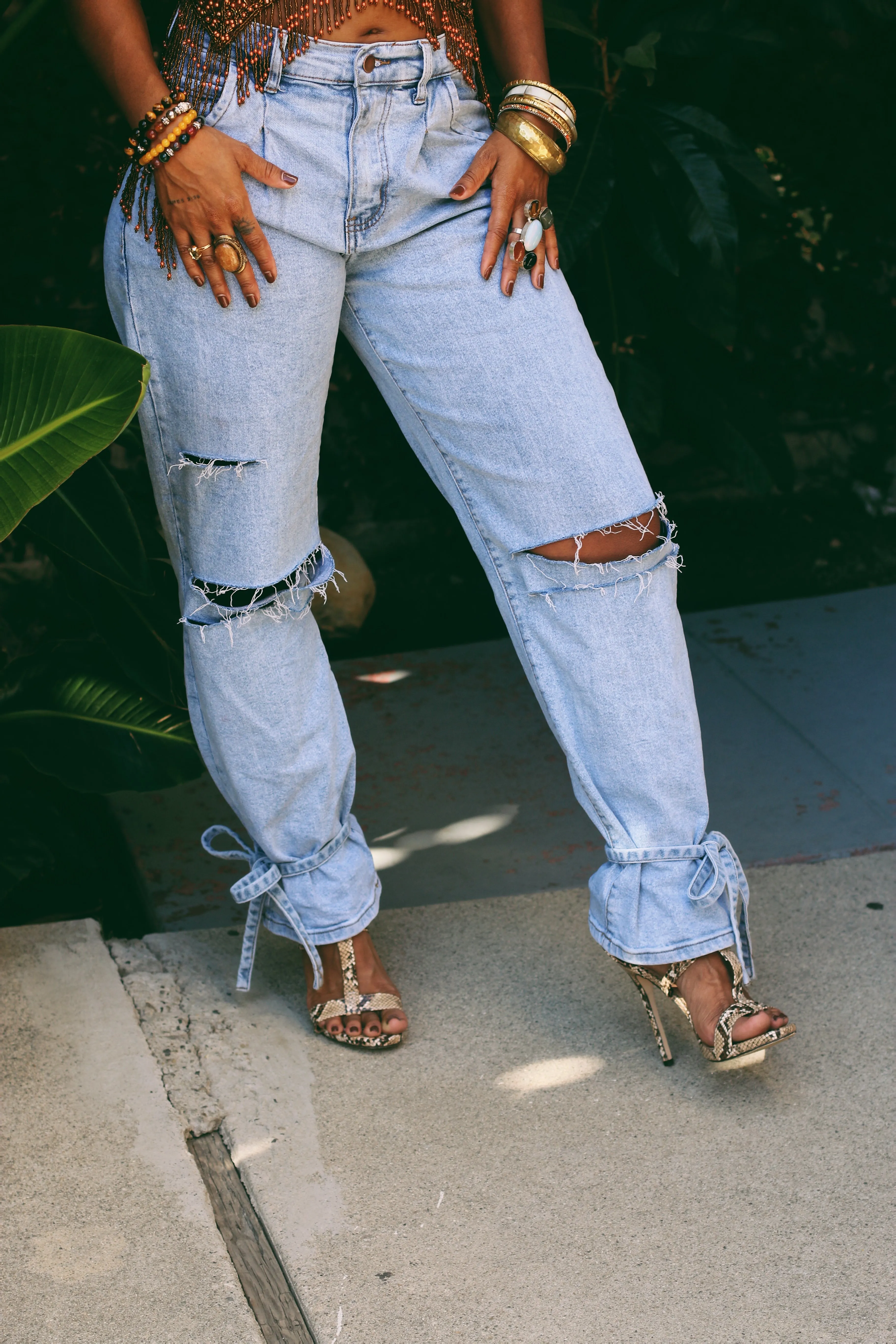 DISTRESSED, SLOUCHY MOM JEANS with ANKLE TIES