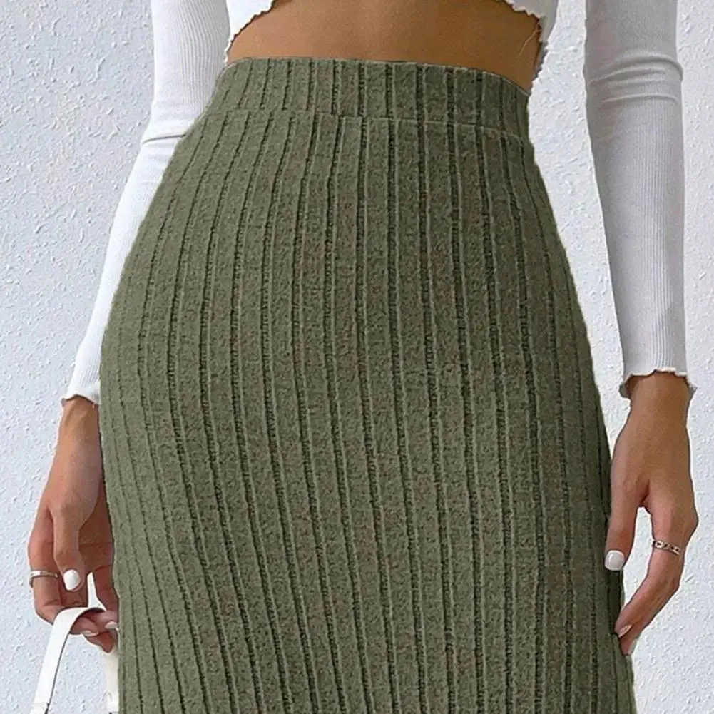 Elegant Maxi Ribbed High Waist Side Slit Slim Skirt