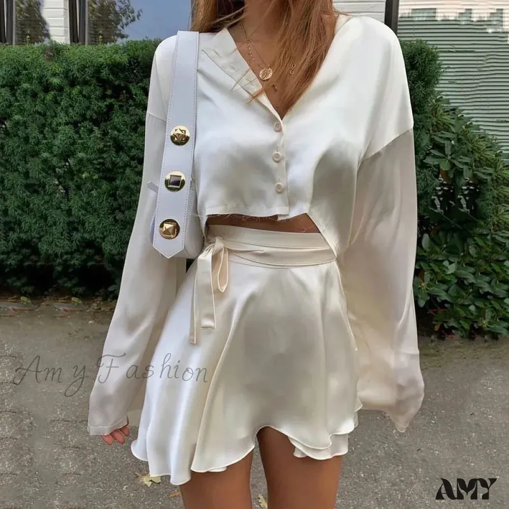 Elegant Satin Two Piece Set Lantern Long Sleeves Crop Tops Cardigan High Waist Mini Skirt