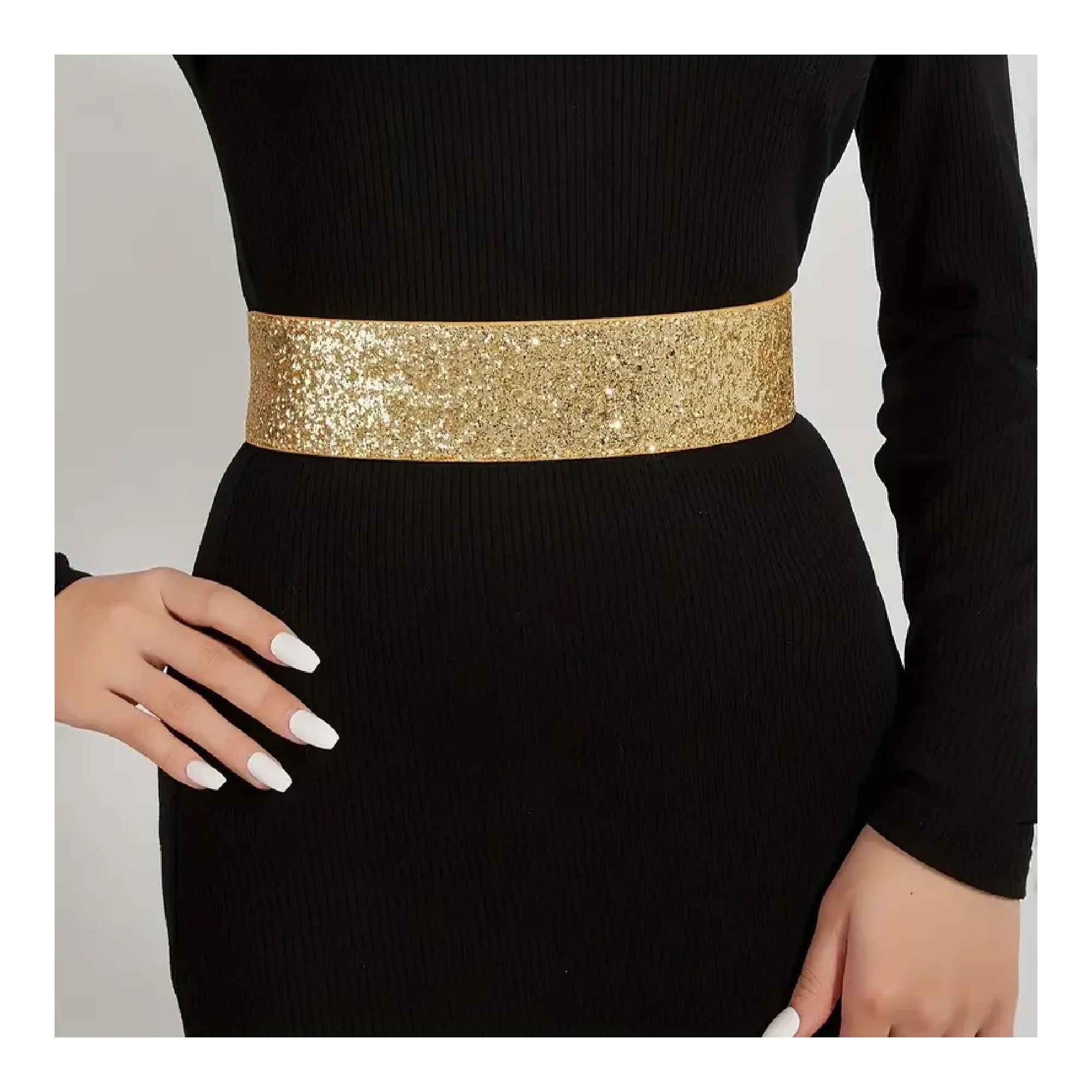 Elegant Shiny Sequins Wide Belt Trendy Solid Color Elastic PU Waistband Classic Dress Coat Girdle For Women Girls