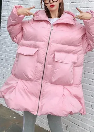 Elegant trendy plus size Jackets & Coats big pockets outwear pink thick hooded overcoat