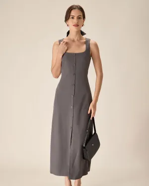 Grey U Neck Tie Back Sleeveless Maxi Dress