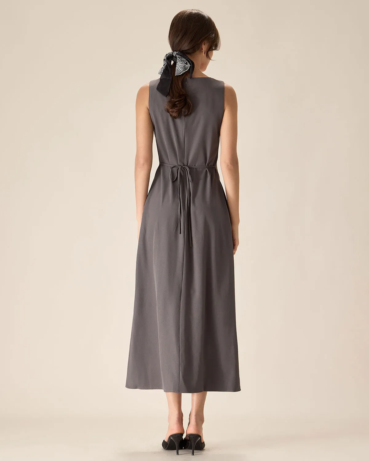 Grey U Neck Tie Back Sleeveless Maxi Dress