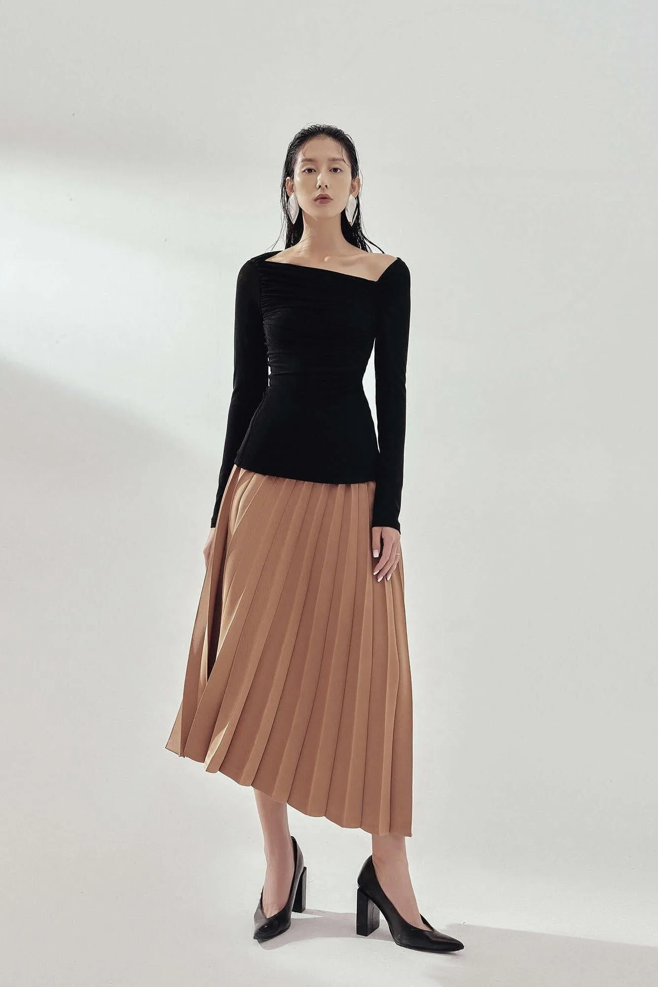 Long midi pleated assymetric pleated skirt - Topaz