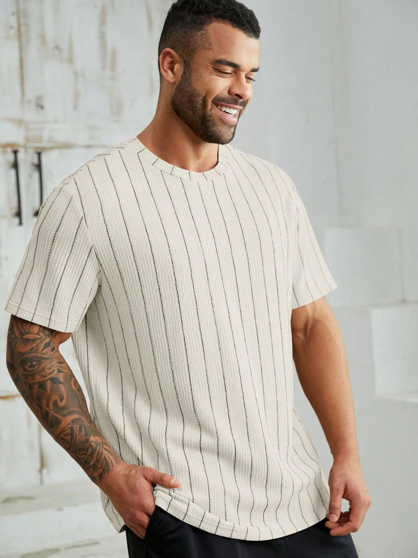 Men's Plus Size Striped Knitted Jumpsuit, Short Sleeve, Casual, Round Neck