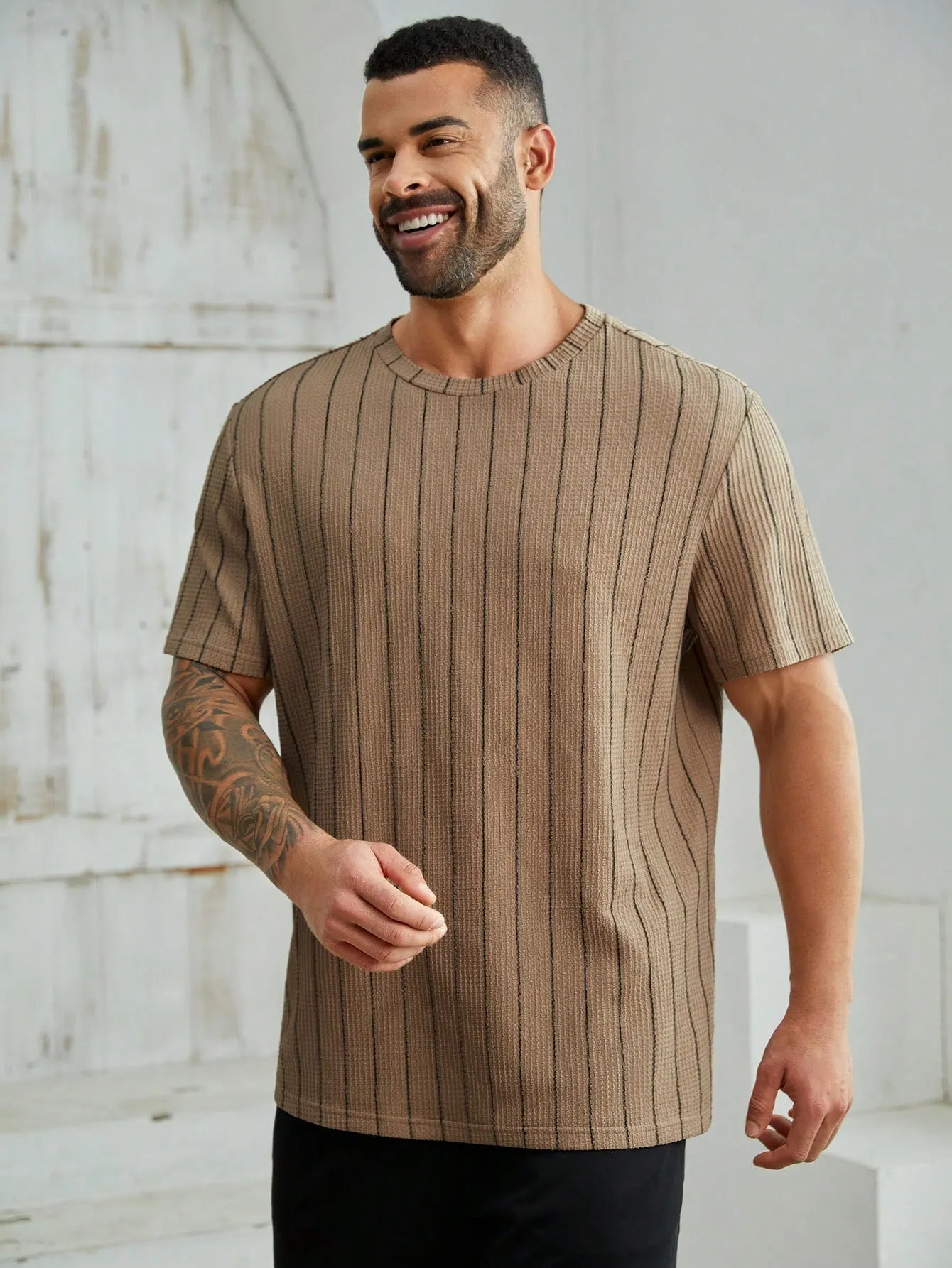 Men's Plus Size Striped Knitted Jumpsuit, Short Sleeve, Casual, Round Neck