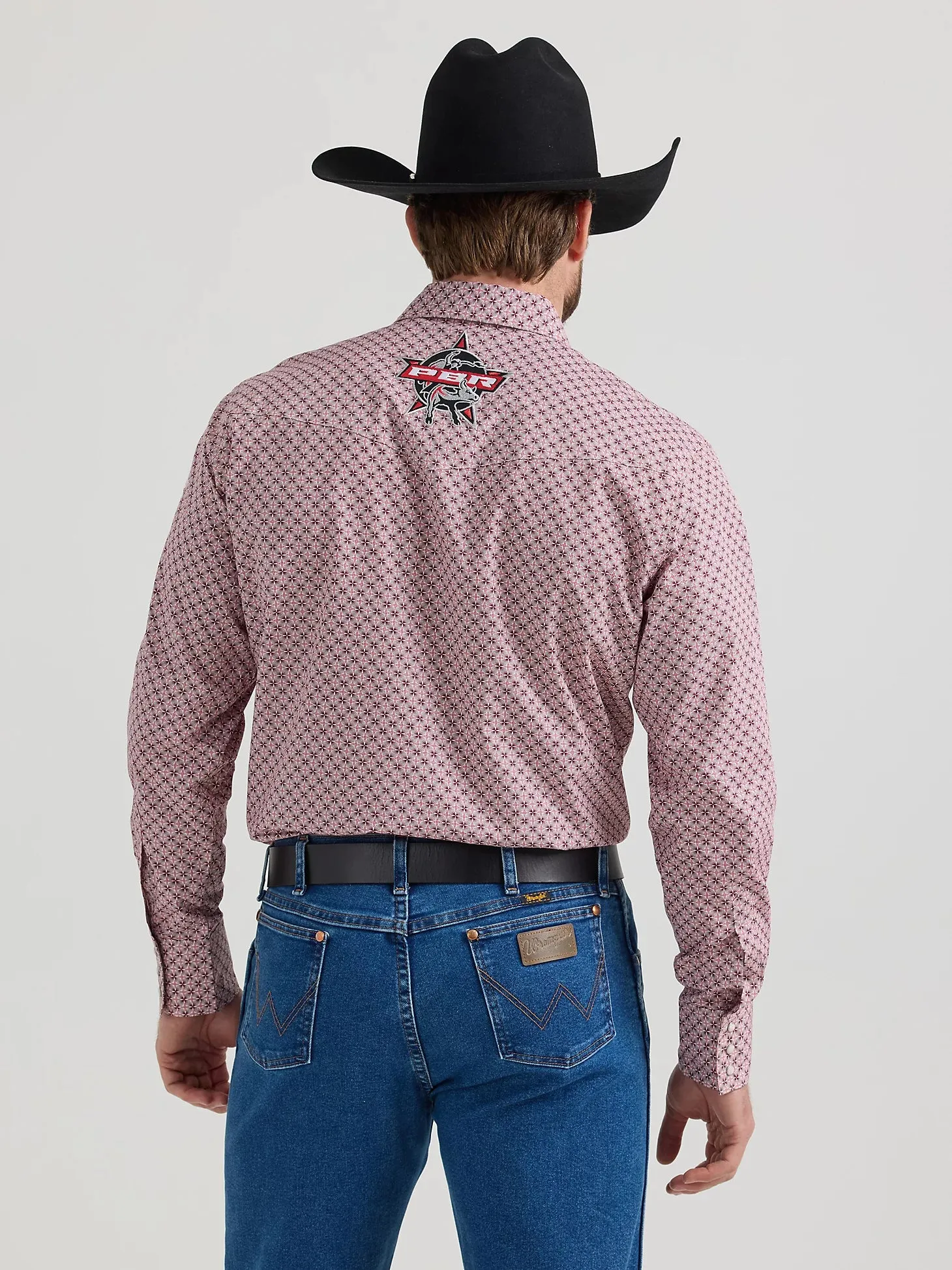 Men's Wrangler PBR Logo Red Print Long Sleeve Snap Shirt