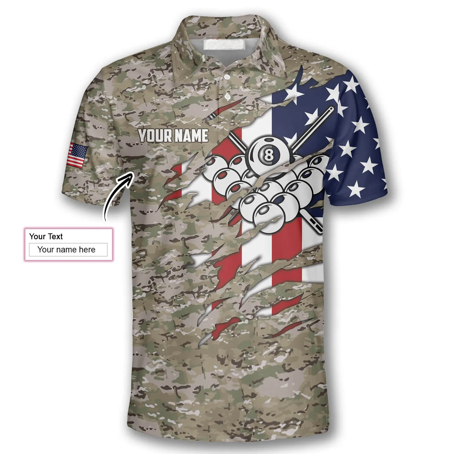 Personalized Billiard In My Heart Camouflage Flag Custom Billiard Shirts for Men, Billiard Uniform Shirt