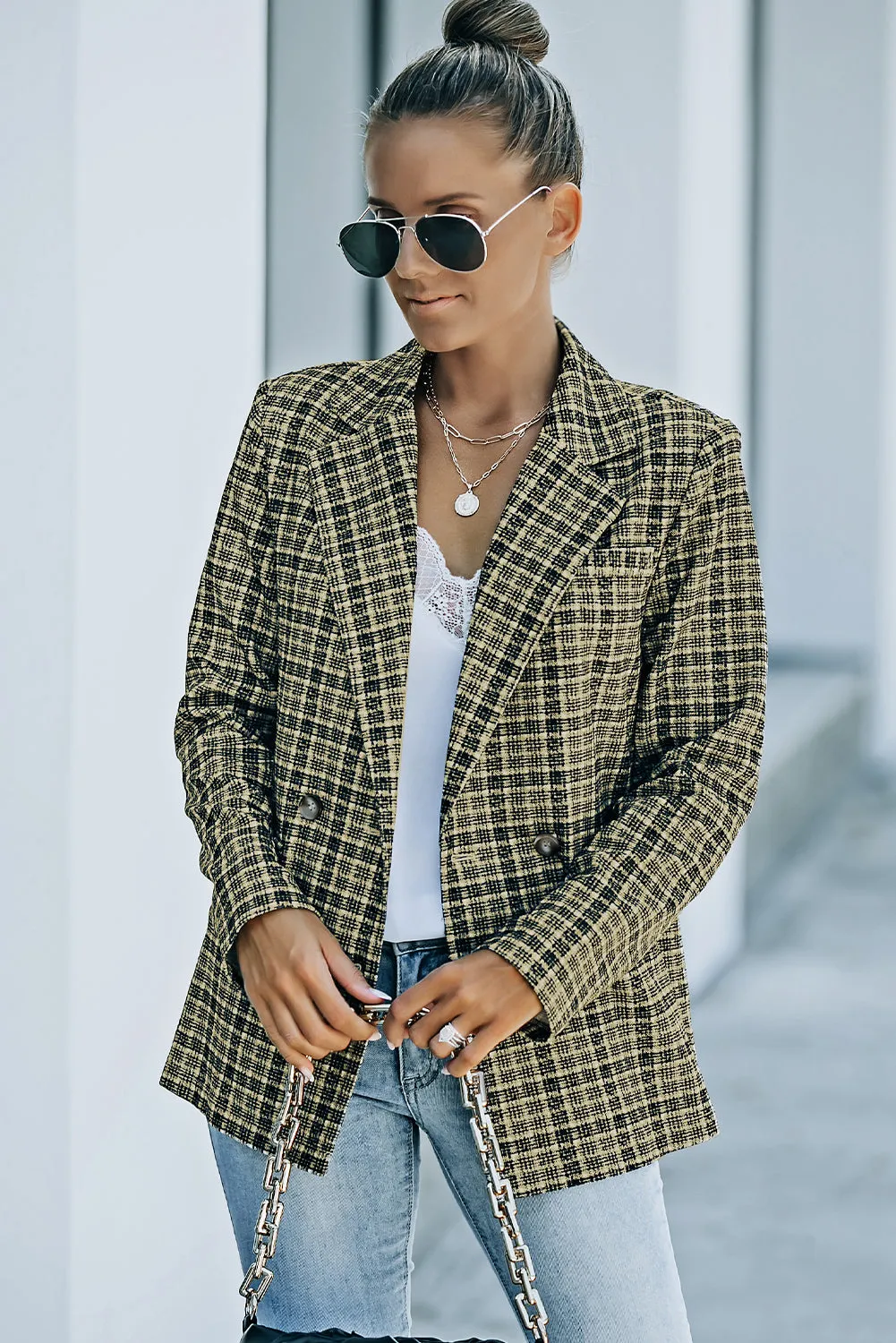 Plaid Double-Breasted Long Sleeve Blazer