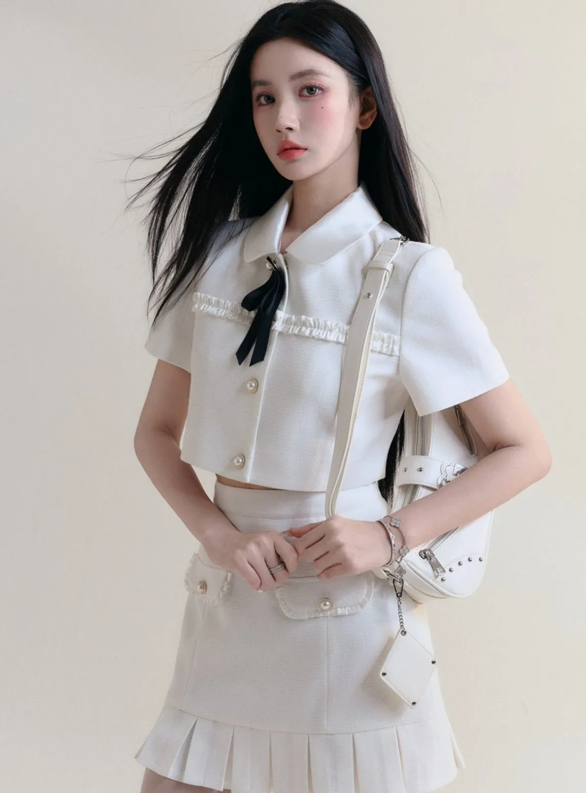 Preppy Bow Collar Tennis Set - White Ruffle Blouse and Pleated Skirt