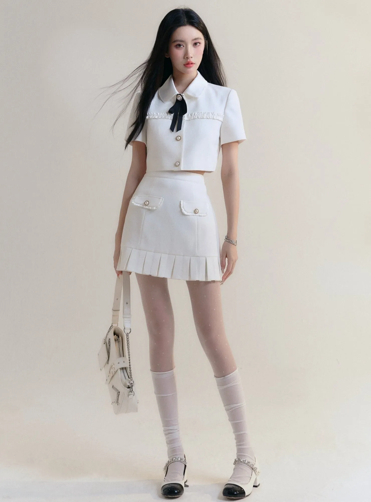 Preppy Bow Collar Tennis Set - White Ruffle Blouse and Pleated Skirt