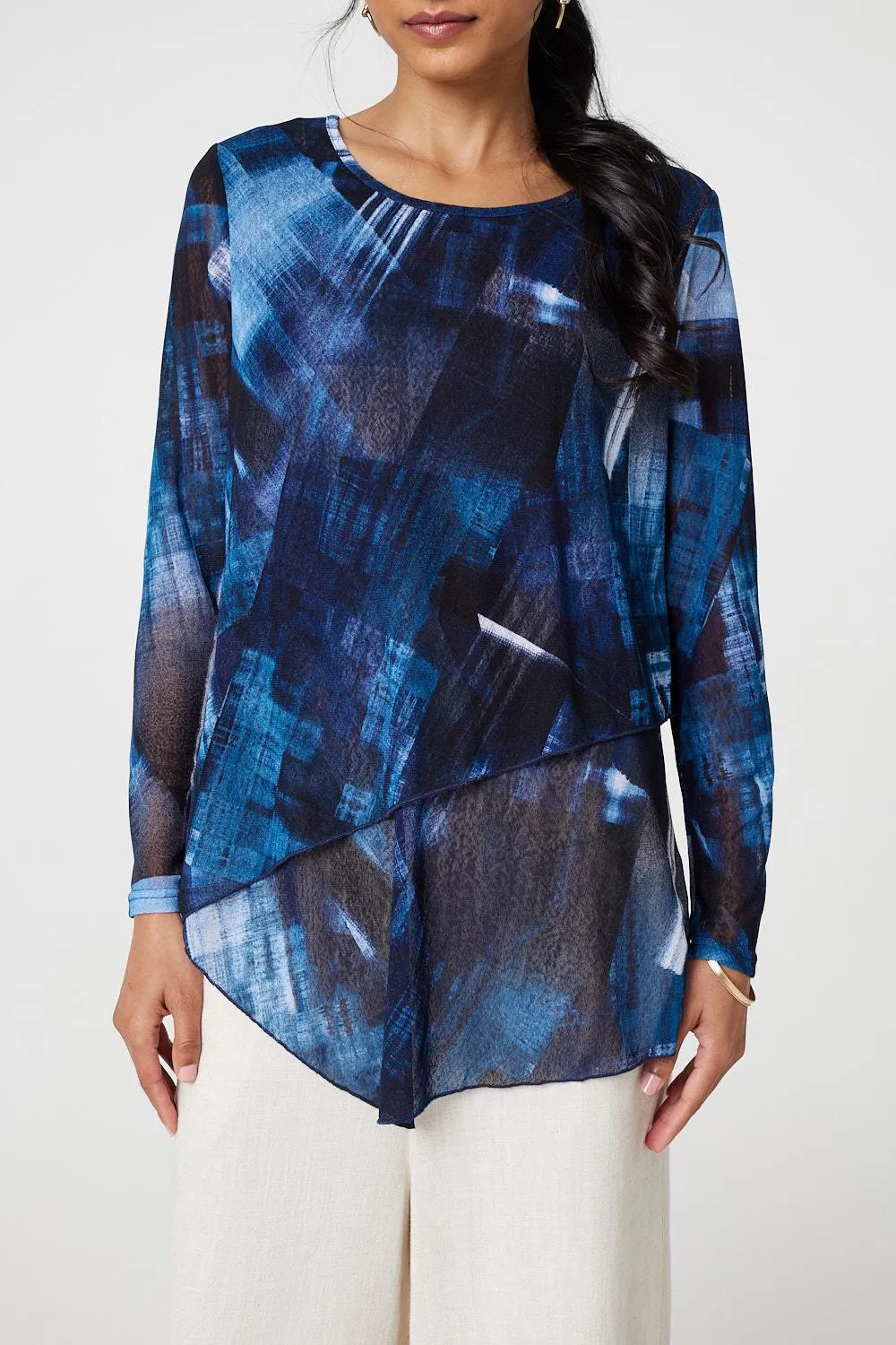 Printed Semi Sheer Asymmetric Tunic Top