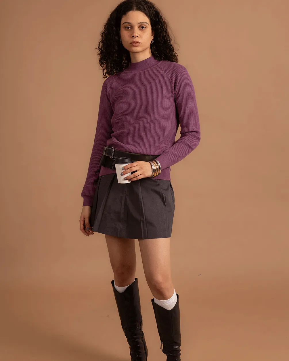 Purple Ribbed Mock Neck Top