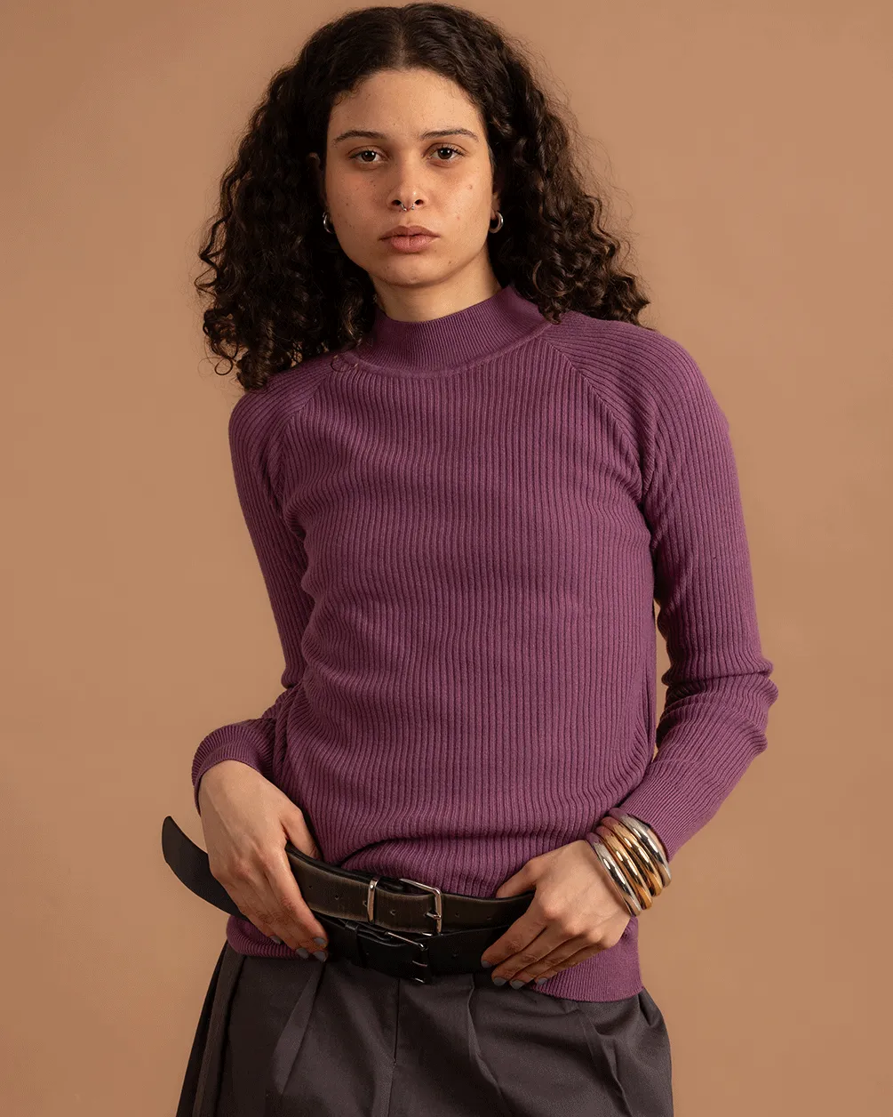 Purple Ribbed Mock Neck Top