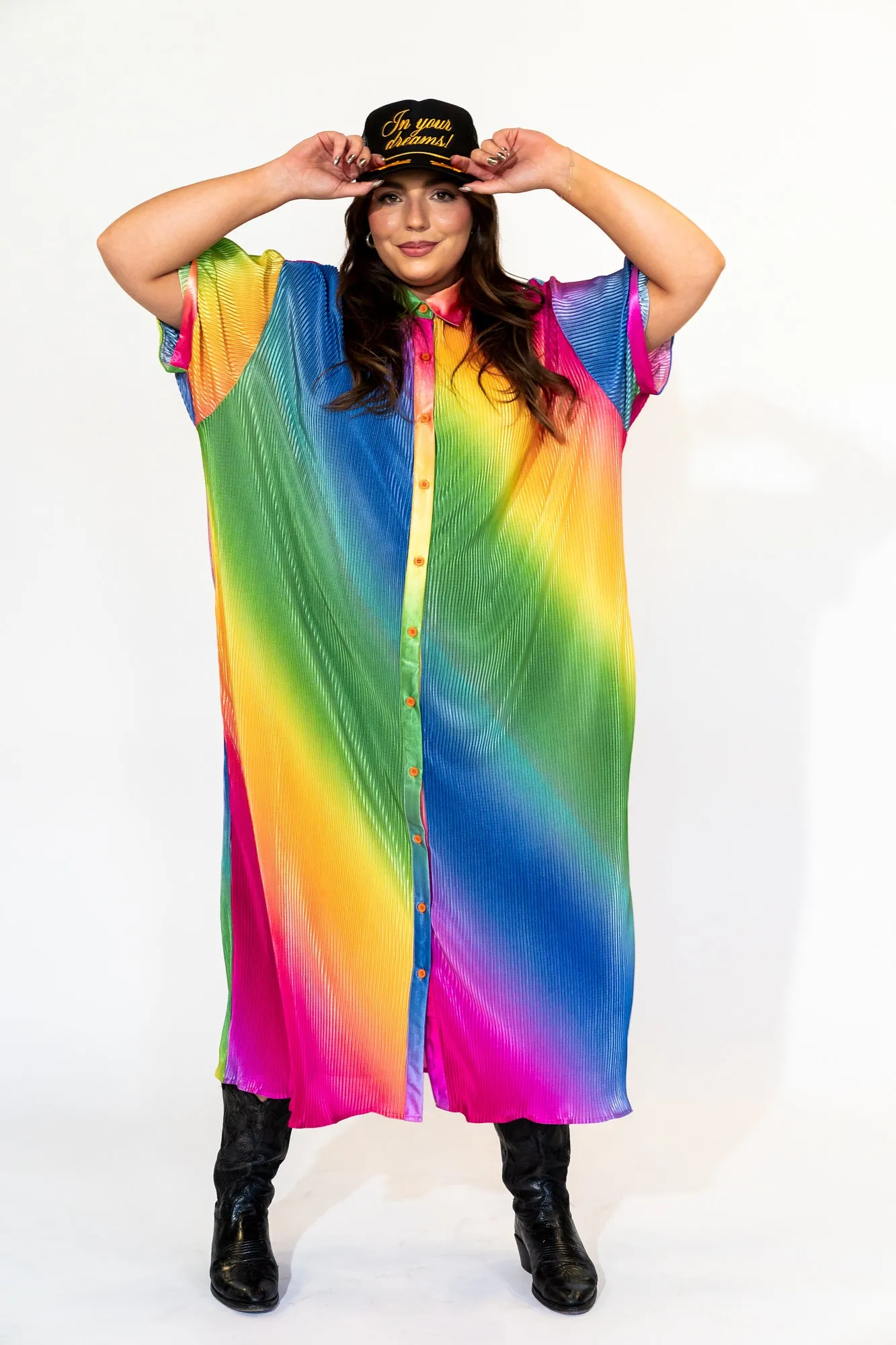 So Far So Good Oversized Plissé Dress in Prismatic Rainbow