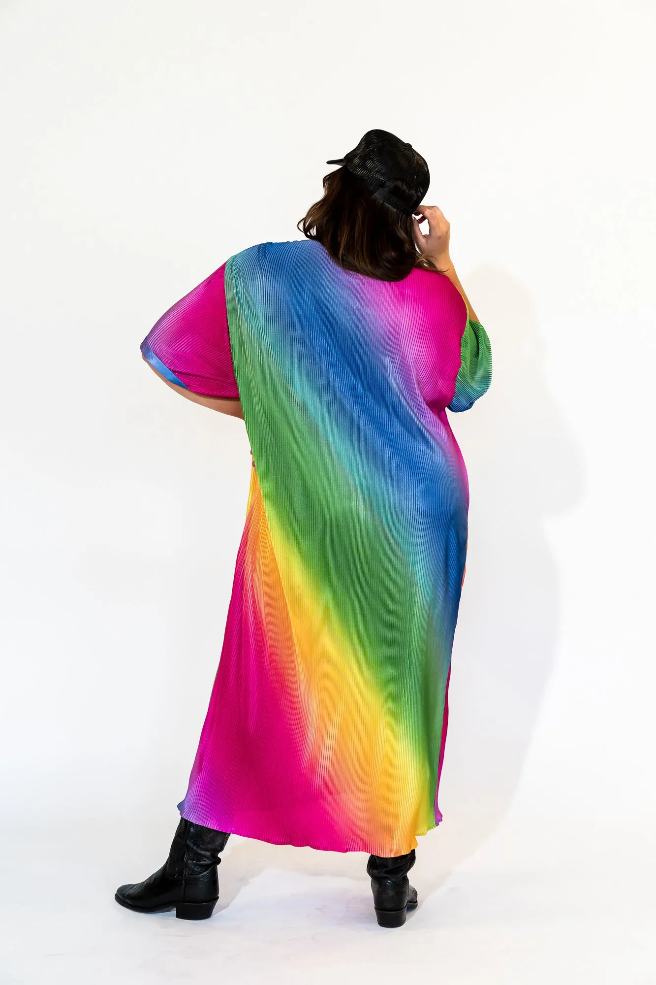 So Far So Good Oversized Plissé Dress in Prismatic Rainbow