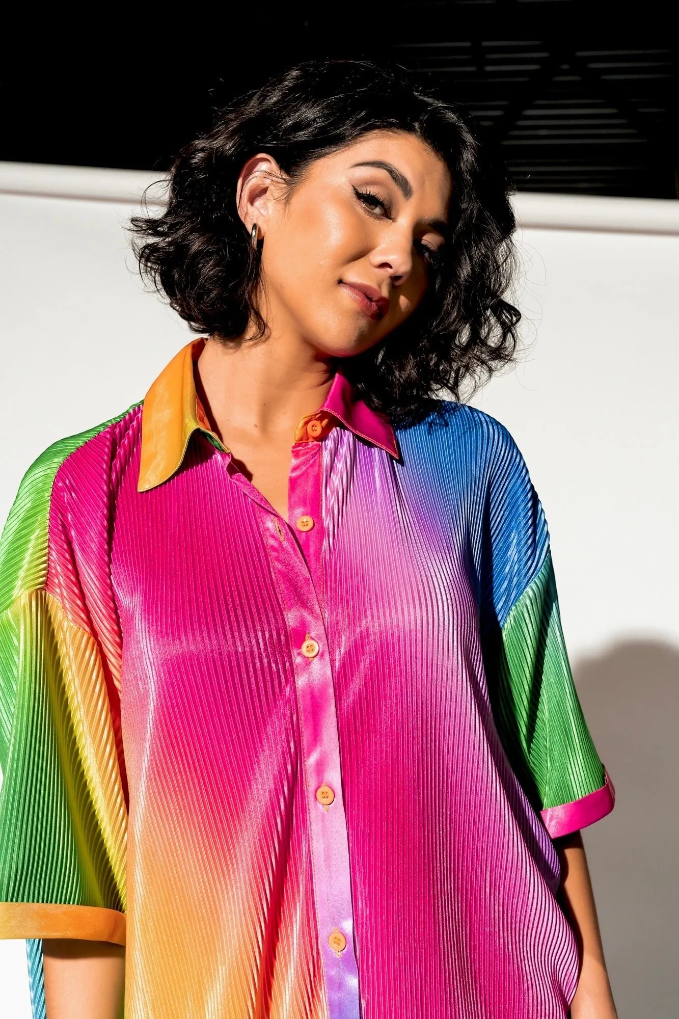 So Far So Good Oversized Plissé Dress in Prismatic Rainbow