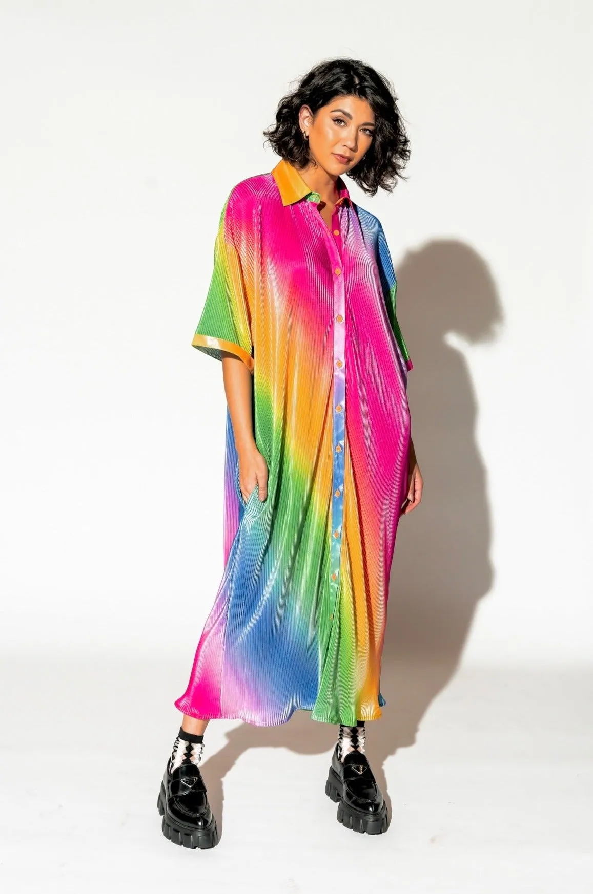 So Far So Good Oversized Plissé Dress in Prismatic Rainbow