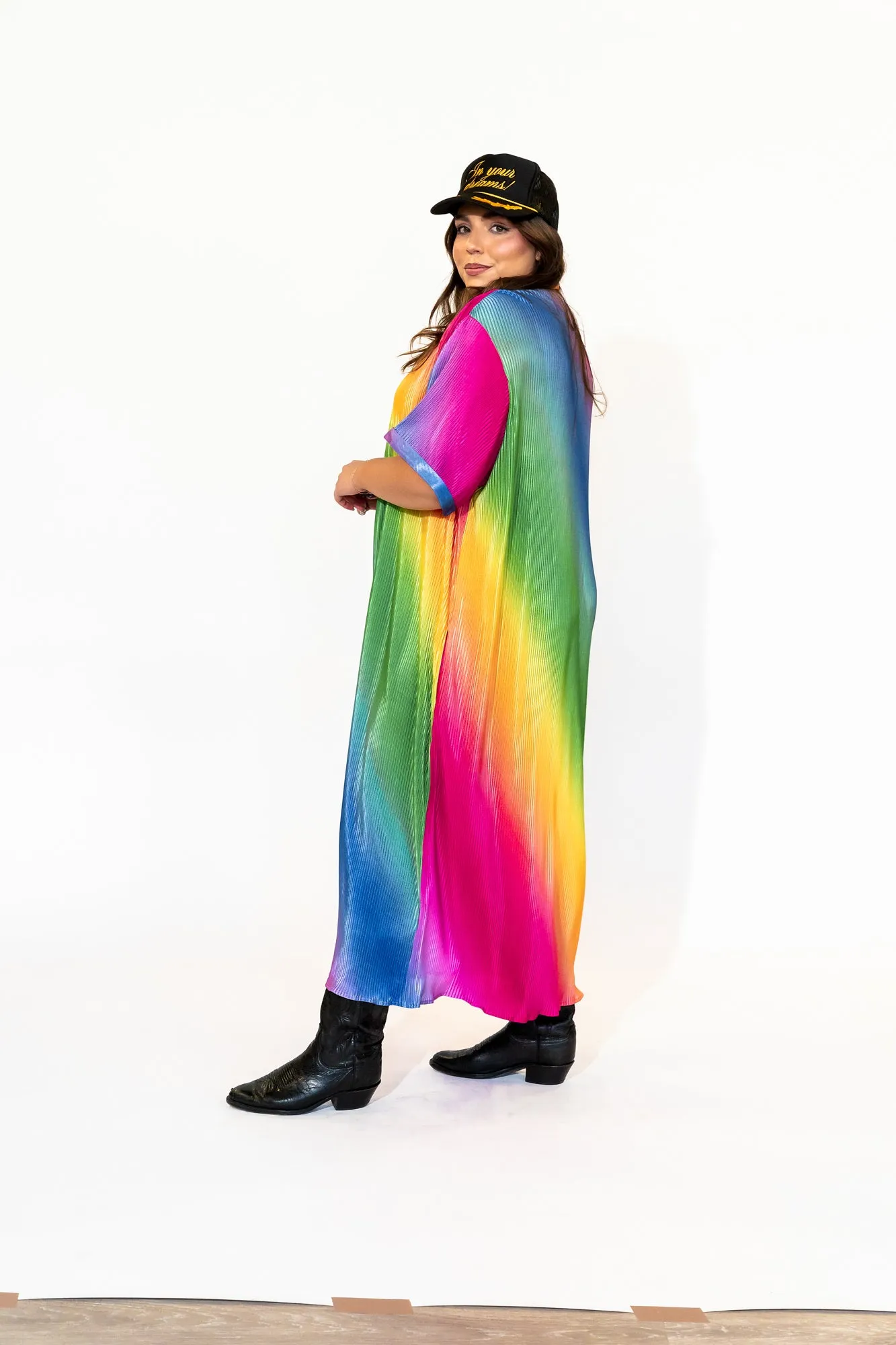 So Far So Good Oversized Plissé Dress in Prismatic Rainbow