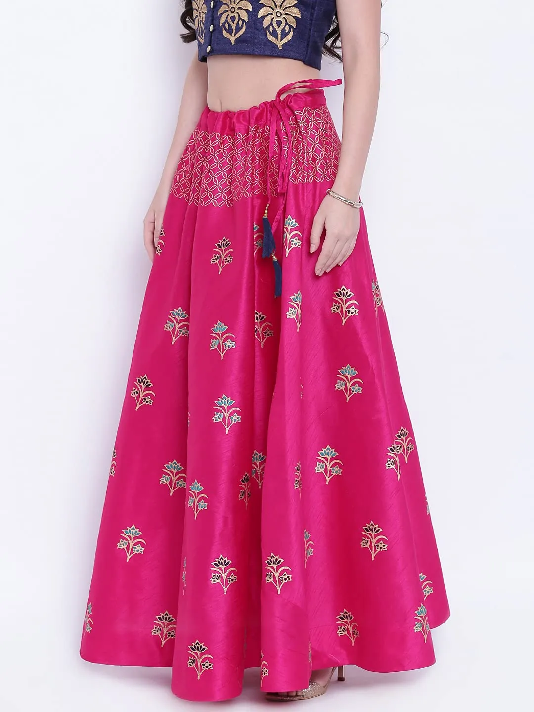 studio rasa Women's Semi-Dupion Block Printed Skirt for Festive Wedding (Fuschia)