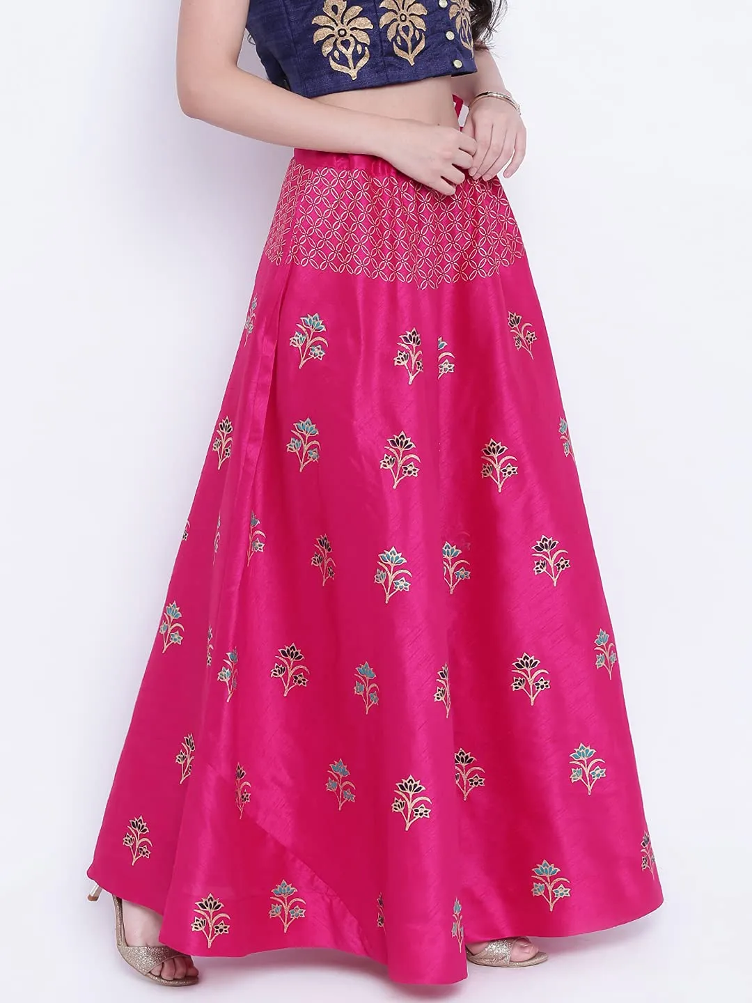 studio rasa Women's Semi-Dupion Block Printed Skirt for Festive Wedding (Fuschia)