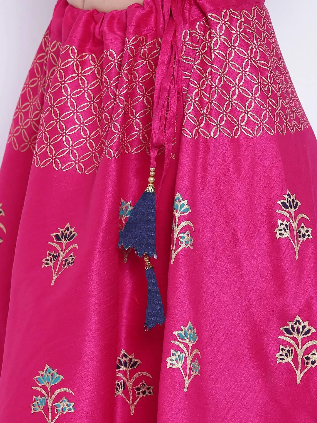 studio rasa Women's Semi-Dupion Block Printed Skirt for Festive Wedding (Fuschia)