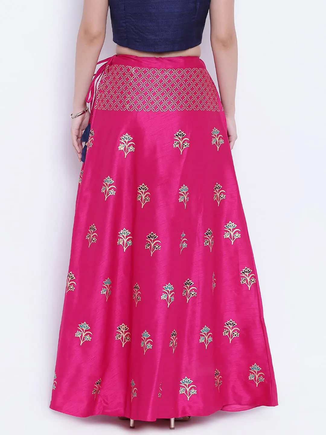 studio rasa Women's Semi-Dupion Block Printed Skirt for Festive Wedding (Fuschia)