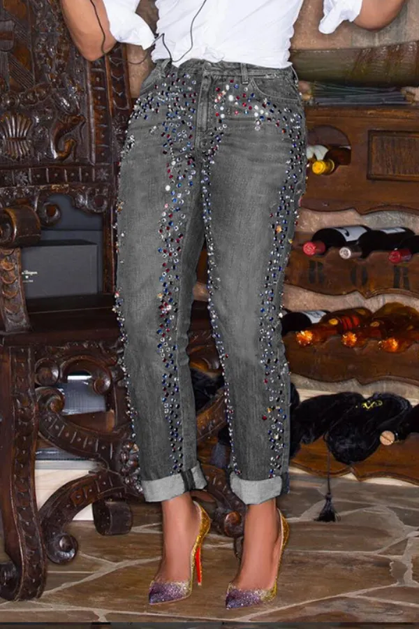 Stylish Bleach Wash Rhinestone Jeans