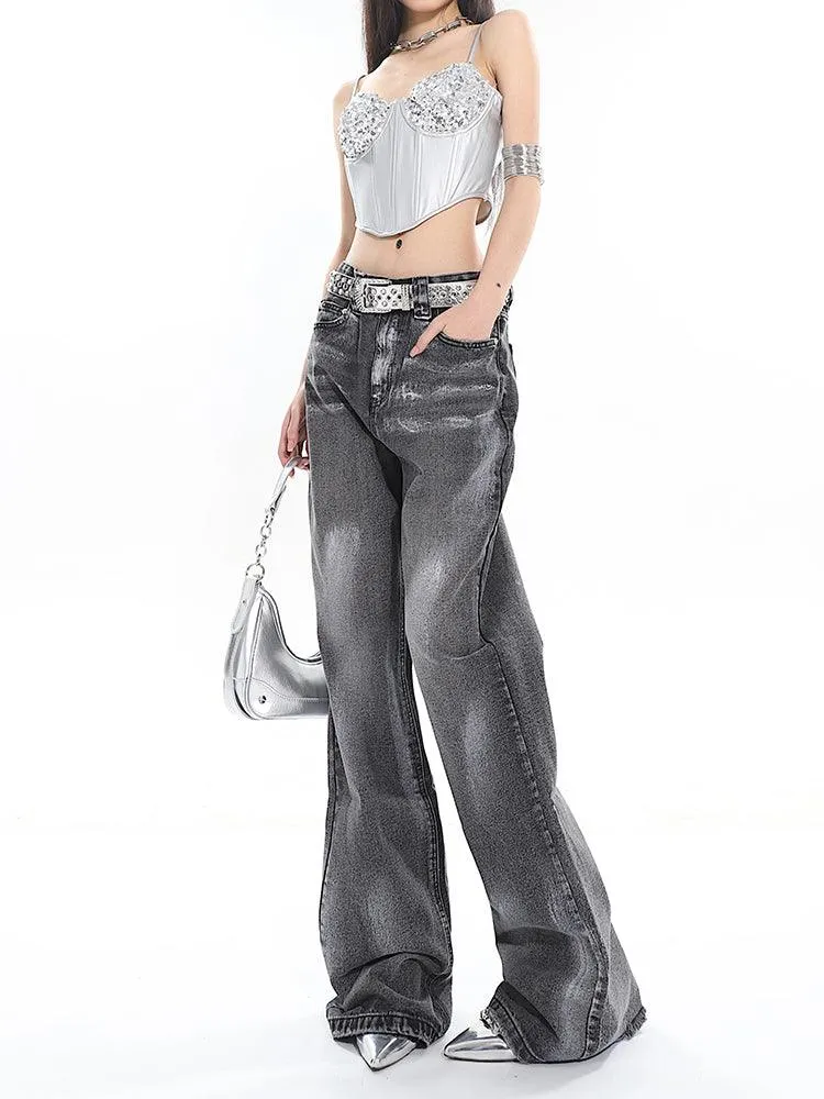 Stylish Dark Gray Silver-Washed Straight-Leg Jeans