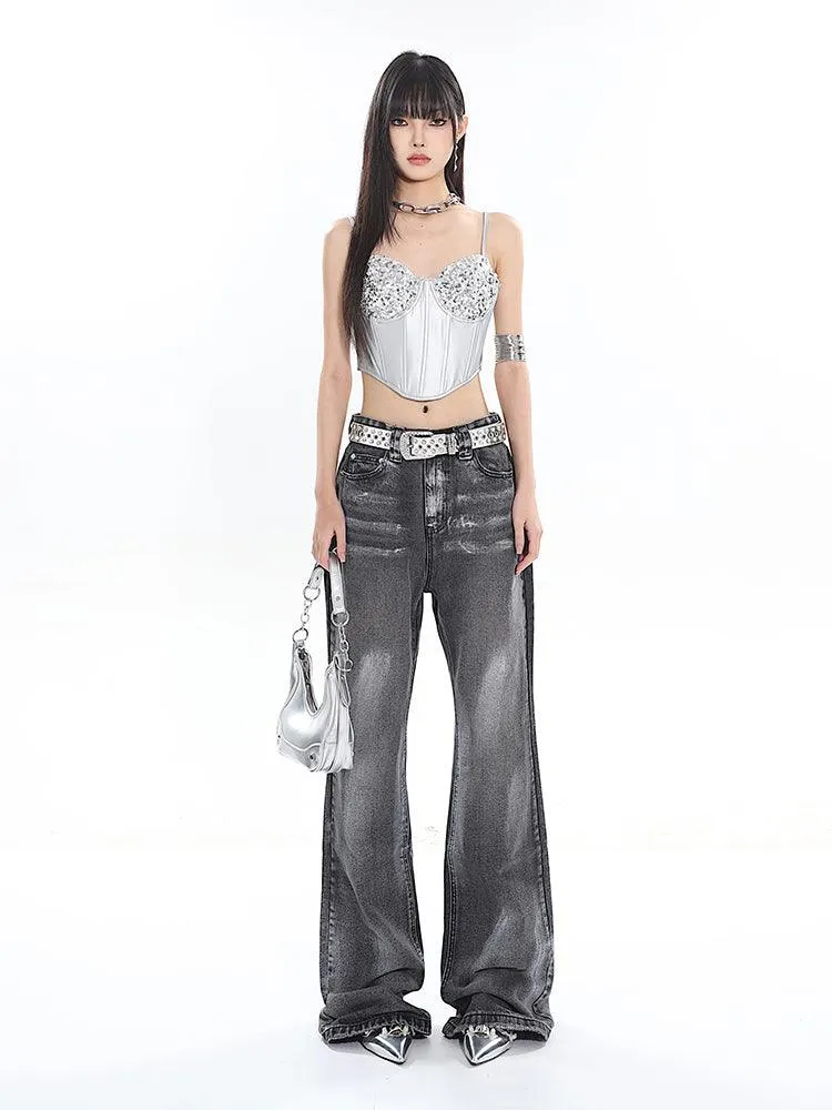 Stylish Dark Gray Silver-Washed Straight-Leg Jeans