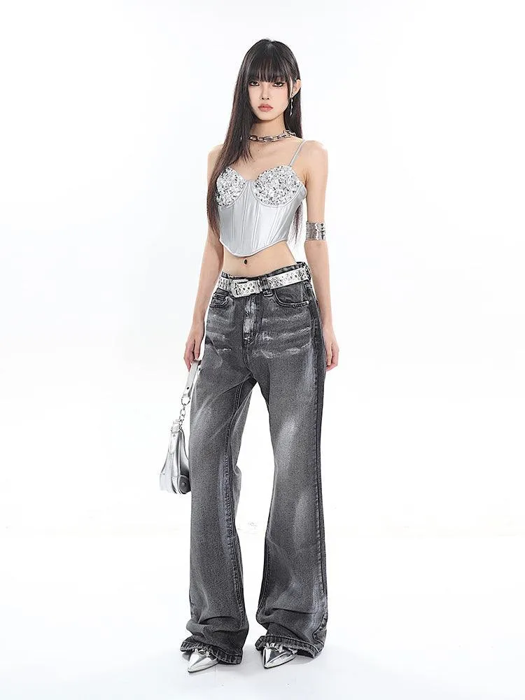 Stylish Dark Gray Silver-Washed Straight-Leg Jeans