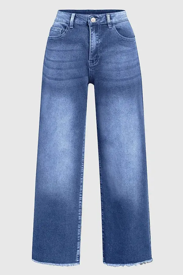 Stylish Raw-edge Mid-rise Pocket Stretch Straight-leg Jeans