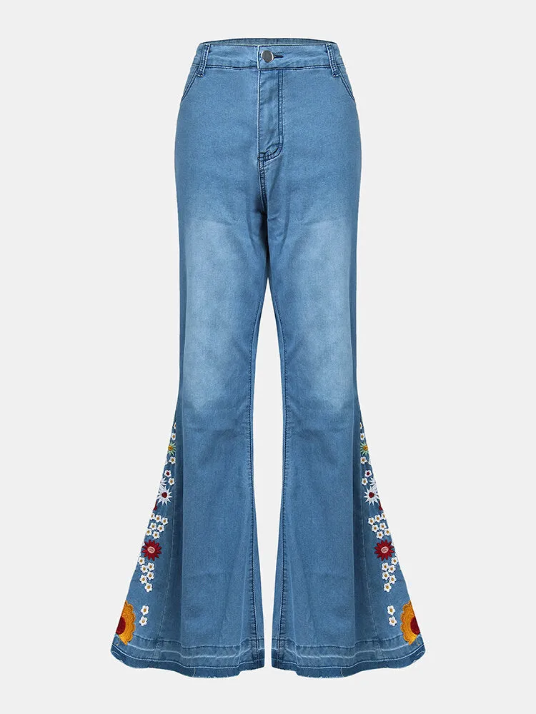 Women Floral Embroidery Stylish Casual Bell-Bottom Jeans With Pockets