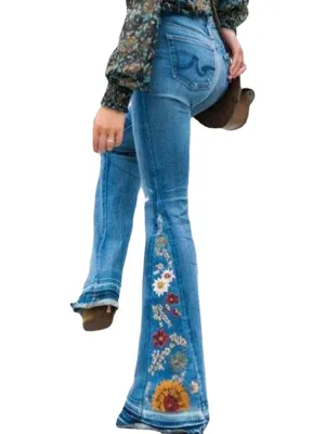 Women Floral Embroidery Stylish Casual Bell-Bottom Jeans With Pockets